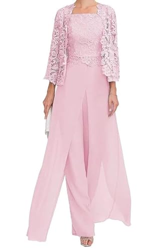 TANPAUL Damen Spitze Brautmutterkleider Abendkleid Oberteile mit Jacke Lang Hosenanzug Rosa 32 von TANPAUL