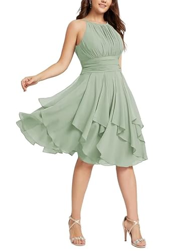 TANPAUL Damen Kurz Brautjungfernkleider Neckholder Ballkleid für Hochzeit Chiffon Rüschen Elegant Minikleid Hell Salbei 42 von TANPAUL