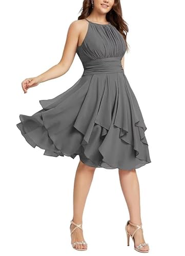 TANPAUL Damen Kurz Brautjungfernkleider Neckholder Ballkleid für Hochzeit Chiffon Rüschen Elegant Minikleid Stahlgrau 42 von TANPAUL