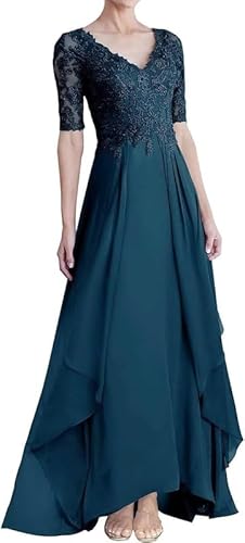 TANPAUL Damen Lang Brautmutterkleider Spitze Applikationen Chiffon Abendkleid V-Ausschnitt Halbarm Formales Partykleider Teal 40 von TANPAUL