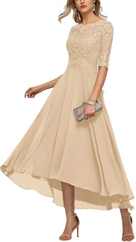 TANPAUL Damen Lang Vokuhila Brautmutterkleider A-Linie Abendkleid Spitze Chiffon Ballkleid Champagner 40 von TANPAUL