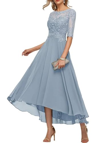 TANPAUL Damen Lang Vokuhila Brautmutterkleider A-Linie Abendkleid Spitze Chiffon Ballkleid Grau-blau 44 von TANPAUL