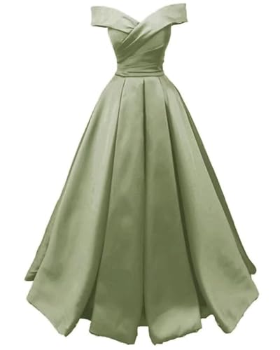 TANPAUL Damen Satin A-Linie Abendkleider Schulterfrei Lang Prinzessin Abschlussballkleid Grasgrün 34 von TANPAUL