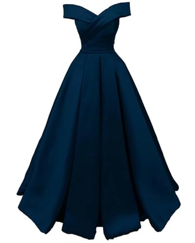 TANPAUL Damen Satin A-Linie Abendkleider Schulterfrei Lang Prinzessin Abschlussballkleid Navy 40 von TANPAUL