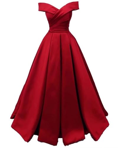TANPAUL Damen Satin A-Linie Abendkleider Schulterfrei Lang Prinzessin Abschlussballkleid Rot 38 von TANPAUL