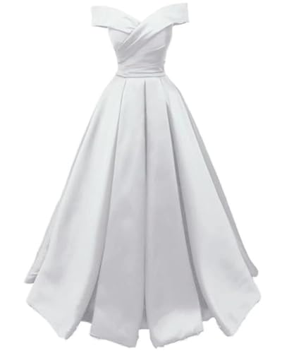 TANPAUL Damen Satin A-Linie Abendkleider Schulterfrei Lang Prinzessin Abschlussballkleid Weiß 32 von TANPAUL