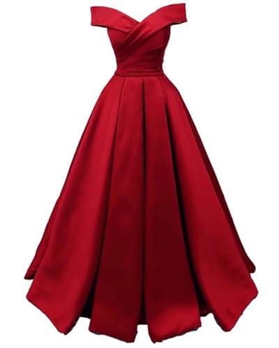 TANPAUL Damen Satin A-Linie Abendkleider Schulterfrei Lang Prinzessin Abschlussballkleid Rot 40 von TANPAUL