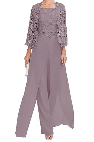 TANPAUL Damen Spitze Brautmutterkleider Abendkleid Oberteile mit Jacke Lang Hosenanzug Mauve 50 von TANPAUL