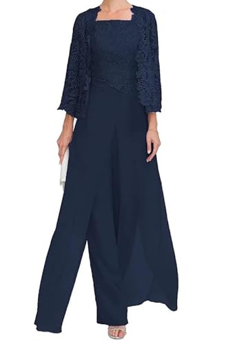 TANPAUL Damen Spitze Brautmutterkleider Abendkleid Oberteile mit Jacke Lang Hosenanzug Navy 44 von TANPAUL