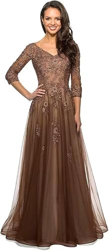 TANPAUL Damen Spitze Tüll Brautmutterkleider A-Linie Abendkleider V-Ausschnitt Brautjungfernkleid Ballkleid Partykleid Braun 42 von TANPAUL