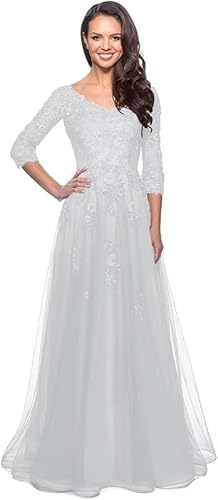 TANPAUL Damen Spitze Tüll Brautmutterkleider A-Linie Abendkleider V-Ausschnitt Brautjungfernkleid Ballkleid Partykleid Weiß 52 von TANPAUL