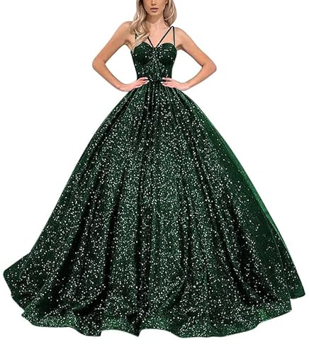 TANPAUL Damen Tüll Glitzer Ballkleider Spaghettiträger Lange Abendkleid Formelles Prinzessin Partykleid Hochzeitskleider Grün 50 von TANPAUL