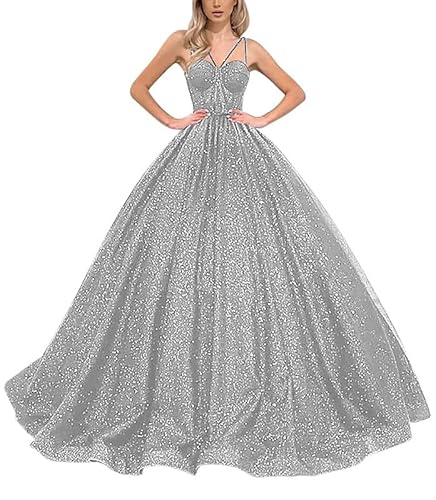 TANPAUL Damen Tüll Glitzer Ballkleider Spaghettiträger Lange Abendkleid Formelles Prinzessin Partykleid Hochzeitskleider Silber 40 von TANPAUL