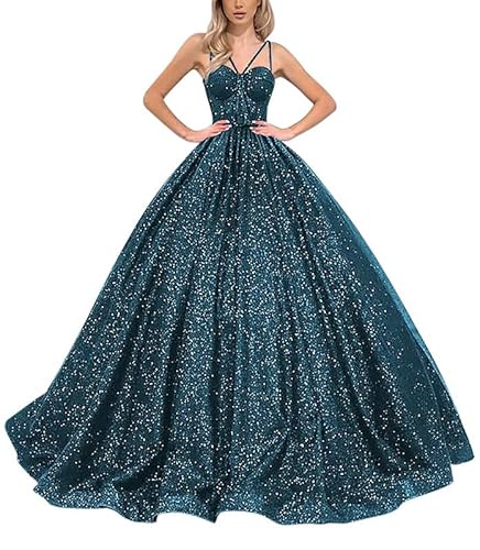 TANPAUL Damen Tüll Glitzer Ballkleider Spaghettiträger Lange Abendkleid Formelles Prinzessin Partykleid Hochzeitskleider Teal 34 von TANPAUL