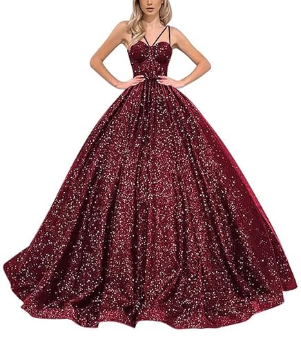 TANPAUL Damen Tüll Glitzer Ballkleider Spaghettiträger Lange Abendkleid Formelles Prinzessin Partykleid Hochzeitskleider Winerot 32 von TANPAUL
