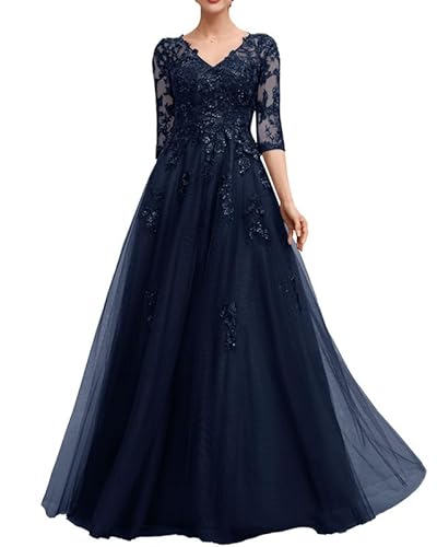 TANPAUL Damen Tüll Lange Abendkleider - Elegant Spitze Hochzeitsgäste V-Ausschnitt Brautmutter Partykleid Maxi Kleider Marineblau 56 von TANPAUL