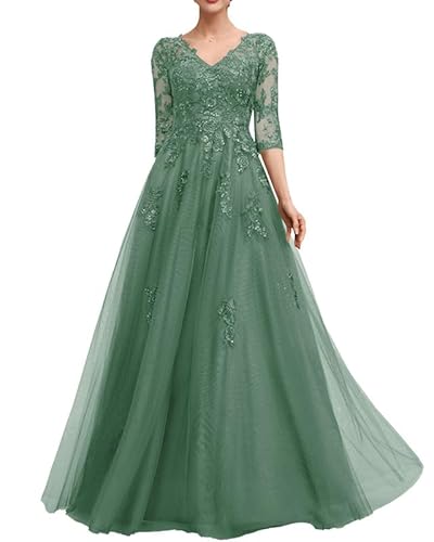 TANPAUL Damen Tüll Lange Abendkleider - Elegant Spitze Hochzeitsgäste V-Ausschnitt Brautmutter Partykleid Maxi Kleider Pastellgrün 44 von TANPAUL