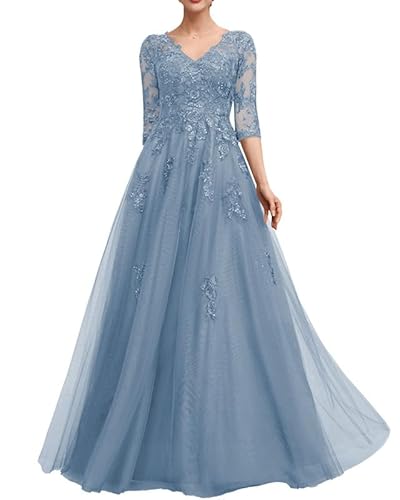 TANPAUL Damen Tüll Lange Abendkleider - Elegant Spitze Hochzeitsgäste V-Ausschnitt Brautmutter Partykleid Maxi Kleider Staubiges Blau 44 von TANPAUL