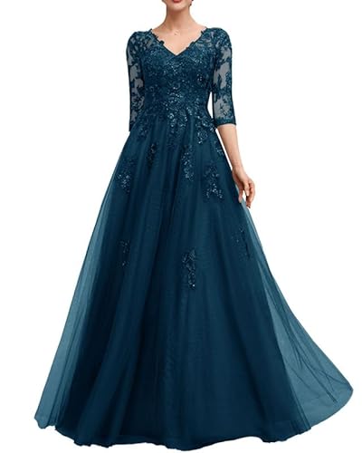 TANPAUL Damen Tüll Lange Abendkleider - Elegant Spitze Hochzeitsgäste V-Ausschnitt Brautmutter Partykleid Maxi Kleider Türkisblau 38 von TANPAUL