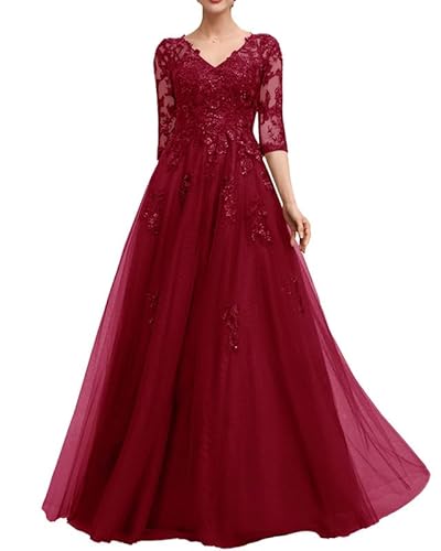 TANPAUL Damen Tüll Lange Abendkleider - Elegant Spitze Hochzeitsgäste V-Ausschnitt Brautmutter Partykleid Maxi Kleider Weinrot 42 von TANPAUL