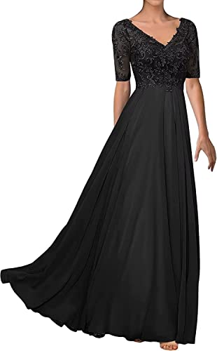 TANPAUL V-Ausschnitt Spitze Chiffon Brautmutterkleider 1/2 Ärmel Abendkleid Festkleid Schwarz 50 von TANPAUL