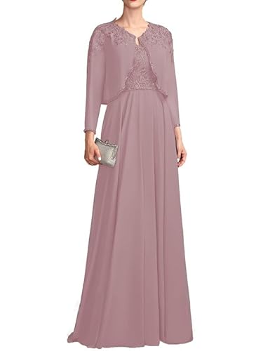 TANPAUL Damen V-Ausschnitt Langärm Brautmutterkleider Chiffon Spitze Abendkleider mit Jacke Staubige Rose 38 von TANPAUL