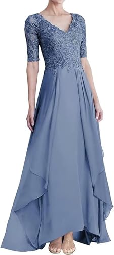 TANPAUL Damen V-Ausschnitt Lang Brautmutterkleider Spitze Applikationen Chiffon Abendkleid Halbarm Formales Promkleid Staubiges Blau 42 von TANPAUL