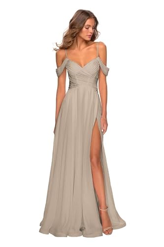 TANPAUL Damen V-Ausschnitt Schulterfrei Ballkleid Formelles Abendkleid mit Schlitz Taupe 34 von TANPAUL