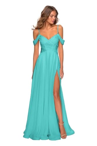 TANPAUL Damen V-Ausschnitt Schulterfrei Ballkleid Formelles Abendkleid mit Schlitz Türkis 42 von TANPAUL