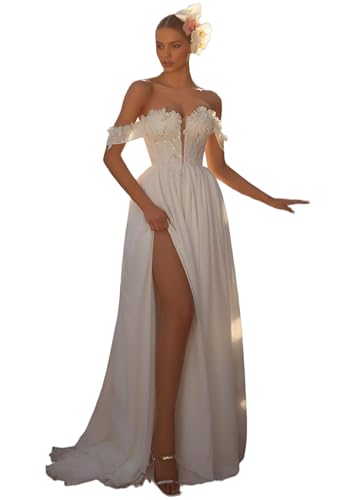 TANPAUL Florale Spitze Brautkleider Schulterfrei Chiffon Hochzeitskleider Boho Beach Standesamt Brautkleid mit Schlitz Elfenbein-B 44 von TANPAUL
