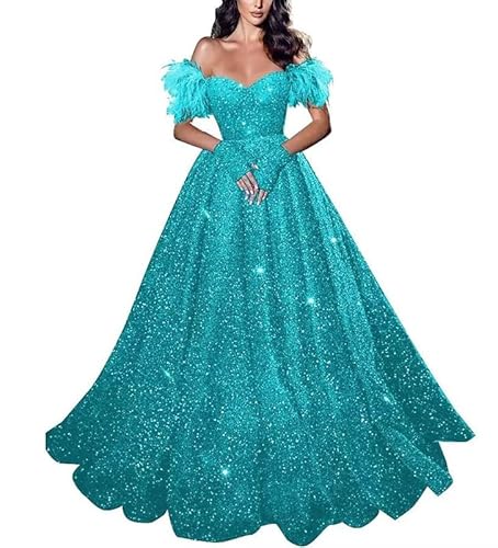 TANPAUL Glitzer Ballkleider A-Linie Abendkleid Eine Linie Partykleid Hochzeitskleider Aqua 46 von TANPAUL