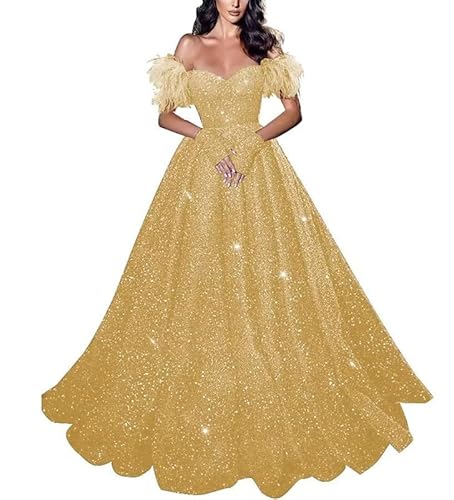 TANPAUL Glitzer Ballkleider A-Linie Abendkleid Eine Linie Partykleid Hochzeitskleider Gold 42 von TANPAUL