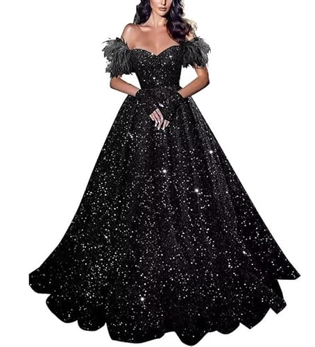TANPAUL Glitzer Ballkleider A-Linie Abendkleid Eine Linie Partykleid Hochzeitskleider Schwarz 32 von TANPAUL