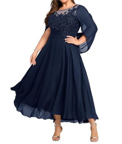 TANPAUL Große Größe Brautmutterkleid für Hochzeit - Spitze Abendkleider mit Cape Chiffon Kleider für Hochzeitsgäste Marineblau 52 von TANPAUL