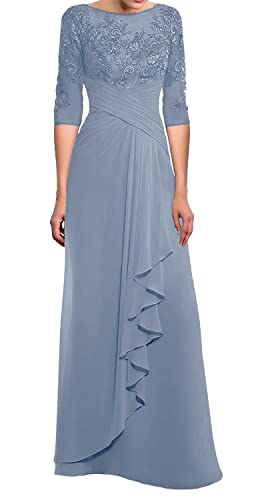 TANPAUL Lang Spitzen Chiffon Brautmutterkleid Halbarm Elegant Abendkleid Gast Kleid Grau-blau 42 von TANPAUL