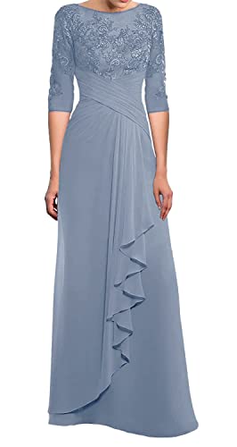 TANPAUL Lang Spitzen Chiffon Brautmutterkleid Halbarm Elegant Abendkleid Gast Kleid Grau-blau 46 von TANPAUL