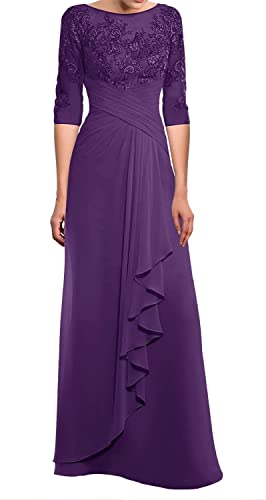 TANPAUL Lang Spitzen Chiffon Brautmutterkleid Halbarm Elegant Abendkleid Gast Kleid Violett 46 von TANPAUL