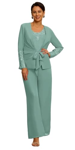 TANPAUL Hosenanzug Damen 3 Teilig - Spitze Festlich Elegant Mutter der Braut Hosenanzüge Set Hochzeit Gast Hosen Sets Pastellgrün 46 von TANPAUL