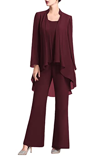 TANPAUL Hosenanzug Damen Festlich 3 Teilig Chiffon Abendkleider Elegant für Hochzeit Brautmutterkleider Partykleid mit Jacke Dunkelrot 44 von TANPAUL