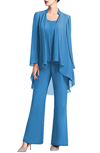 TANPAUL Hosenanzug Damen Festlich 3 Teilig Chiffon Abendkleider Elegant für Hochzeit Brautmutterkleider Partykleid mit Jacke Meerblau 44 von TANPAUL