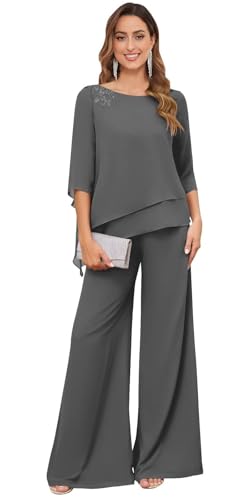TANPAUL Hosenanzug Damen Festlich Elegant - 2 Stück Spitze Chiffon Große Größe Brautmutterkleider mit 3/4 Ärmeln Grau 56 von TANPAUL