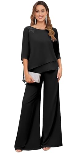 TANPAUL Hosenanzug Damen Festlich Elegant - 2 Stück Spitze Chiffon Große Größe Brautmutterkleider mit 3/4 Ärmeln Schwarz 48 von TANPAUL