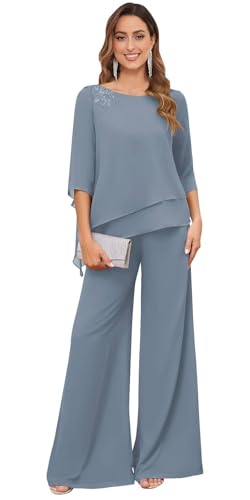 TANPAUL Hosenanzug Damen Festlich Elegant - 2 Stück Spitze Chiffon Große Größe Brautmutterkleider mit 3/4 Ärmeln Staubiges Blau 58 von TANPAUL