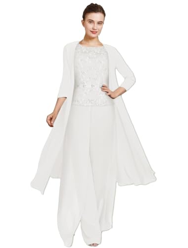 TANPAUL Hosenanzug Damen Festlich Elegant 3 Stück - Große Größe Spitze Mutter der Braut Hosenanzüge mit Langer Jacke Weiß 58 von TANPAUL
