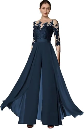 TANPAUL Hosenanzug Damen Festlich Elegant - Chiffon Spitze 3/4 Ärmel Hochzeit Jumpsuits Mutter der Braut Hosenanzüge Marineblau 48 von TANPAUL