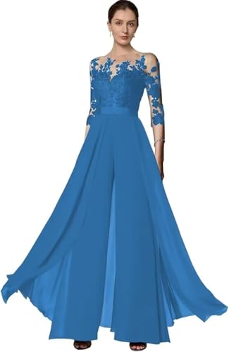 TANPAUL Hosenanzug Damen Festlich Elegant - Chiffon Spitze 3/4 Ärmel Hochzeit Jumpsuits Mutter der Braut Hosenanzüge Ozeanblau 46 von TANPAUL