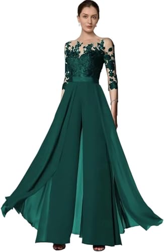 TANPAUL Hosenanzug Damen Festlich Elegant - Chiffon Spitze 3/4 Ärmel Hochzeit Jumpsuits Mutter der Braut Hosenanzüge Pfau 50 von TANPAUL