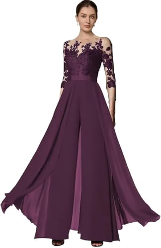 TANPAUL Hosenanzug Damen Festlich Elegant - Chiffon Spitze 3/4 Ärmel Hochzeit Jumpsuits Mutter der Braut Hosenanzüge Pflaume 40 von TANPAUL