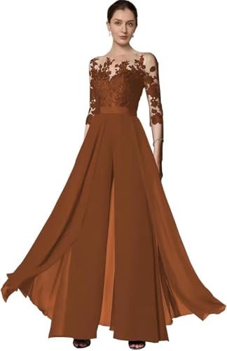 TANPAUL Hosenanzug Damen Festlich Elegant - Chiffon Spitze 3/4 Ärmel Hochzeit Jumpsuits Mutter der Braut Hosenanzüge Rost 46 von TANPAUL