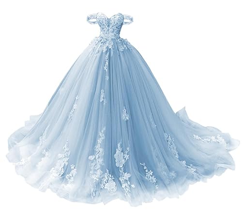 TANPAUL Lang Abendkleid Schulterfrei Spitze Quinceanera Ballkleid Prinzessin Tüll Herzausschnitt Festkleider Partykleider Blau 40 von TANPAUL